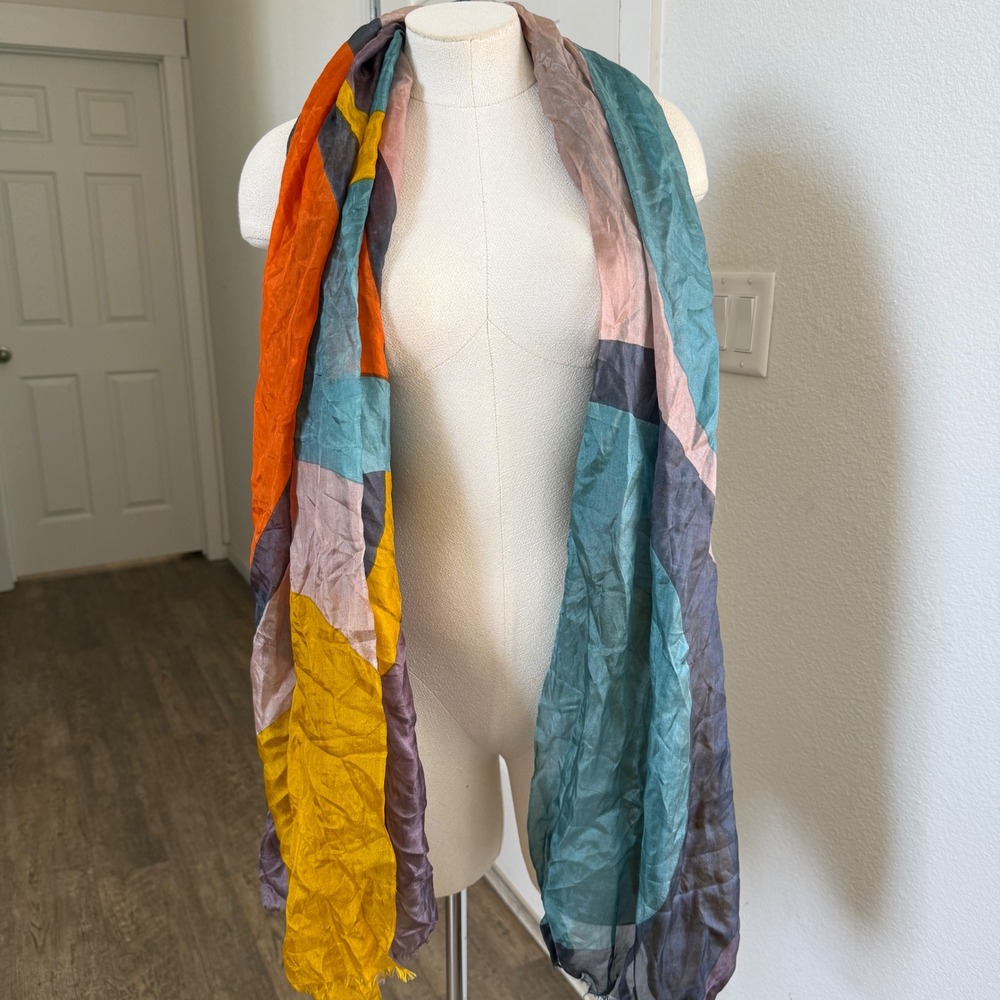 Ahmaddy 100% Silk Scarf Abstract Geometric Colorblock Large Wrap Shawl 74x44